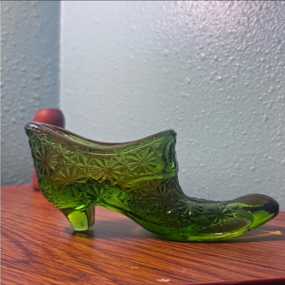 Vintage Fenton Glass | Green Daisy Button Pattern Green Glass Shoe